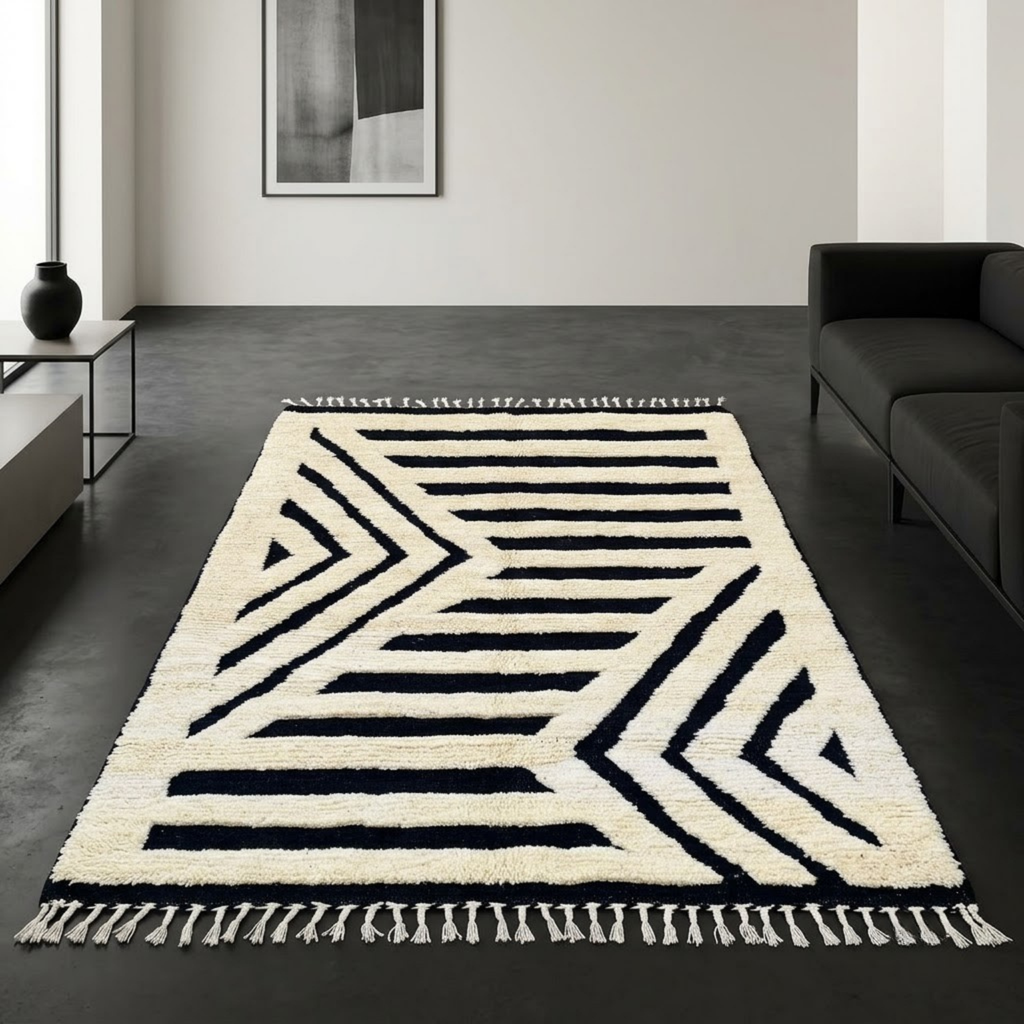 Handmade Moroccan Wool Rug Contemporary Beni Ourain Style | Black & White Striped Chevron Geometric Atlas Carpet