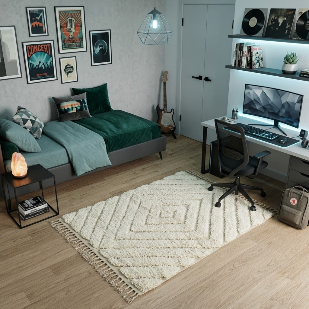 Handmade Moroccan Wool Rug Beni Ourain Style | High-Low 3D Concentric Diamond Pattern in Sand Beige & Ivory