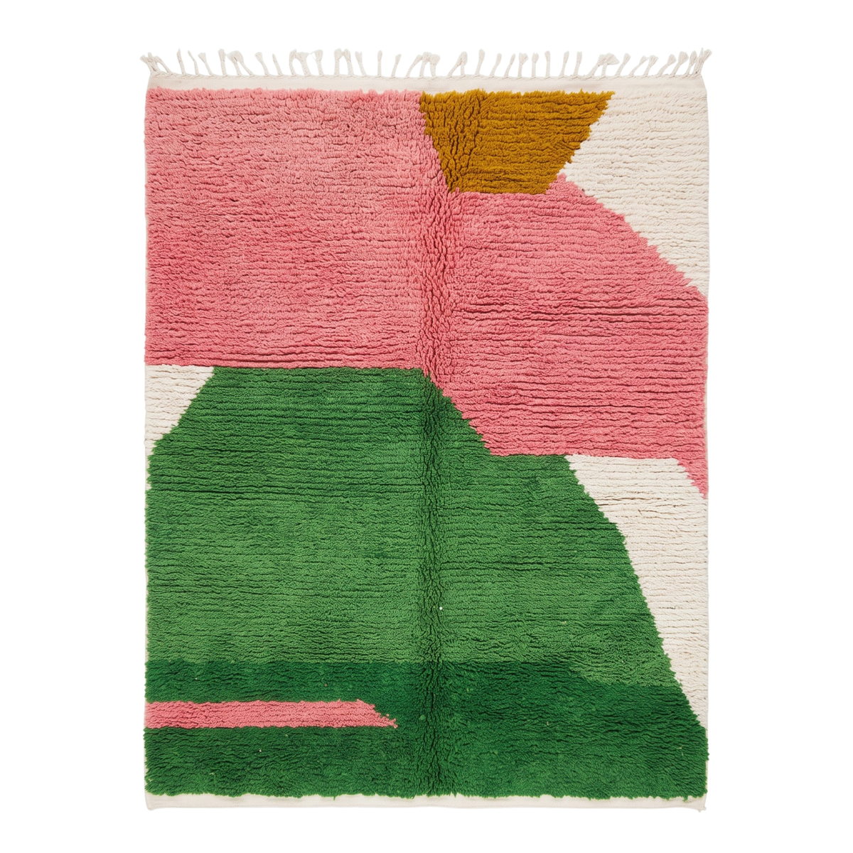 Handmade Moroccan Wool Rug Azilal Style | Abstract Organic Color Block in Blush Pink, Green & Mustard Atlas Carpet
