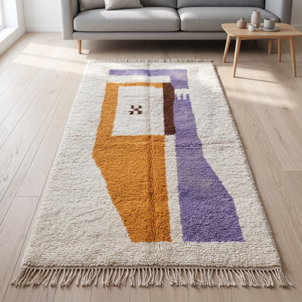 Handmade Moroccan Wool Rug Azilal Style | Abstract Minimalist Color Block in Lavender, Ochre & Cream Atlas Carpet