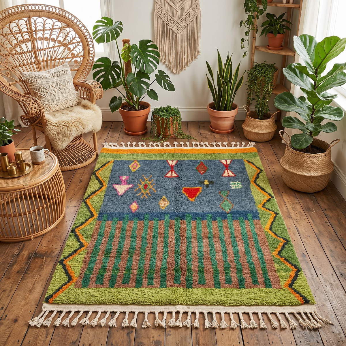Handmade Moroccan Wool Rug Azilal Style | Starry Atlas Night Sky with Tribal Symbols in Indigo & Green