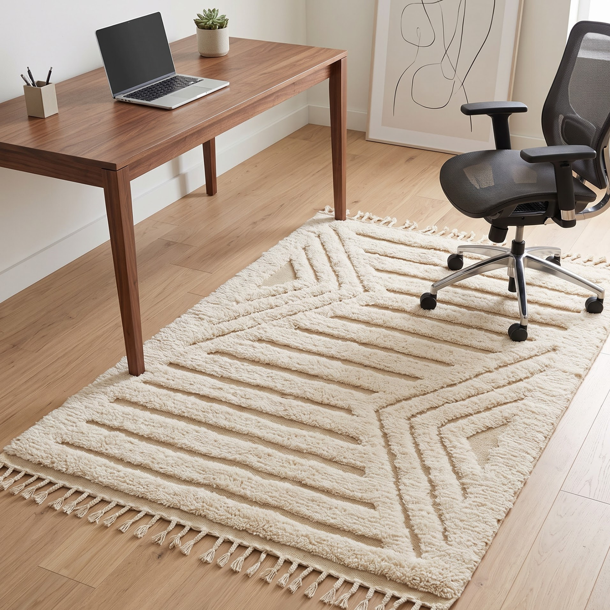 Handmade Moroccan Wool Textured Rug | High-Low Geometric Cream & Sand Atlas Berber Carpet