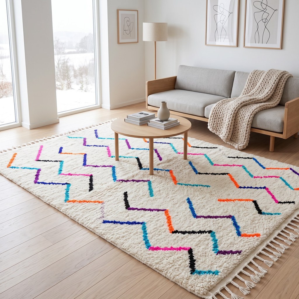 Handmade Moroccan Wool Rug with Multicolor Zigzag Pattern | Authentic Atlas Berber Carpet