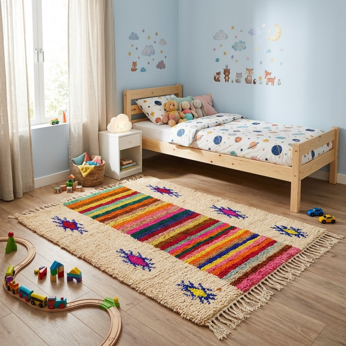 Handmade Moroccan Wool Rug Azilal Style | Multicolor Striped Center & Protective Talismans on Sand Atlas Carpet