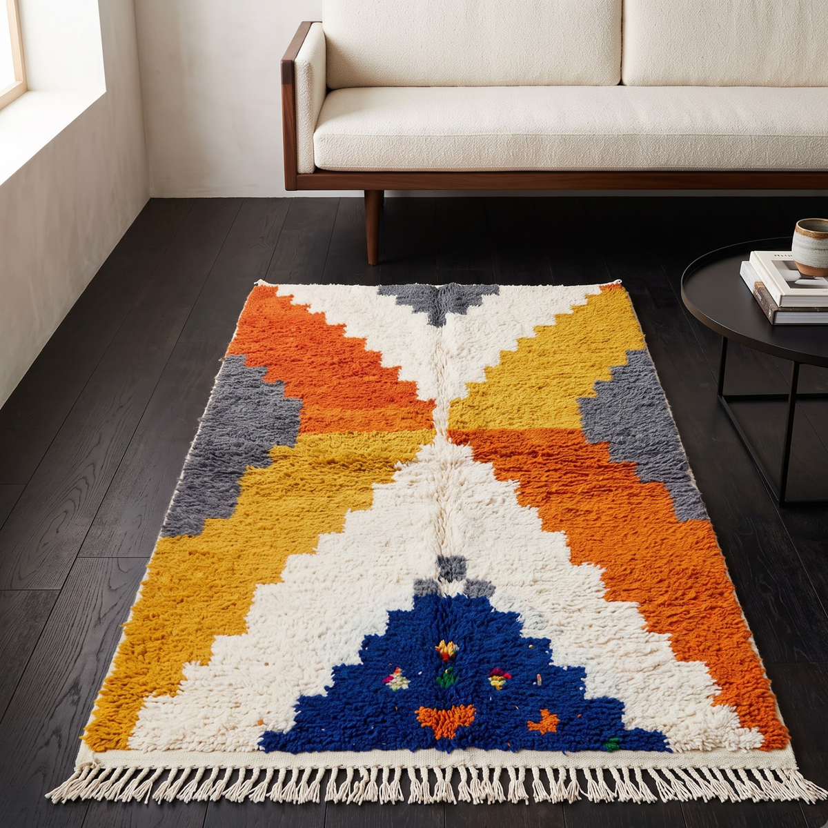 Handmade Moroccan Wool Rug Azilal Style | Stepped Geometric Diamond in Terracotta, Mustard & Slate Grey Atlas Carpet