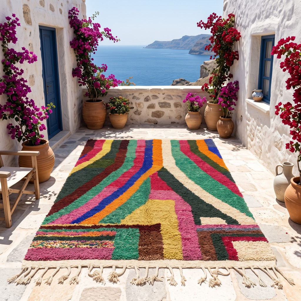 Handmade Moroccan Wool Rug Azilal Style | Vibrant Multicolor Striped & Color Block Atlas Carpet
