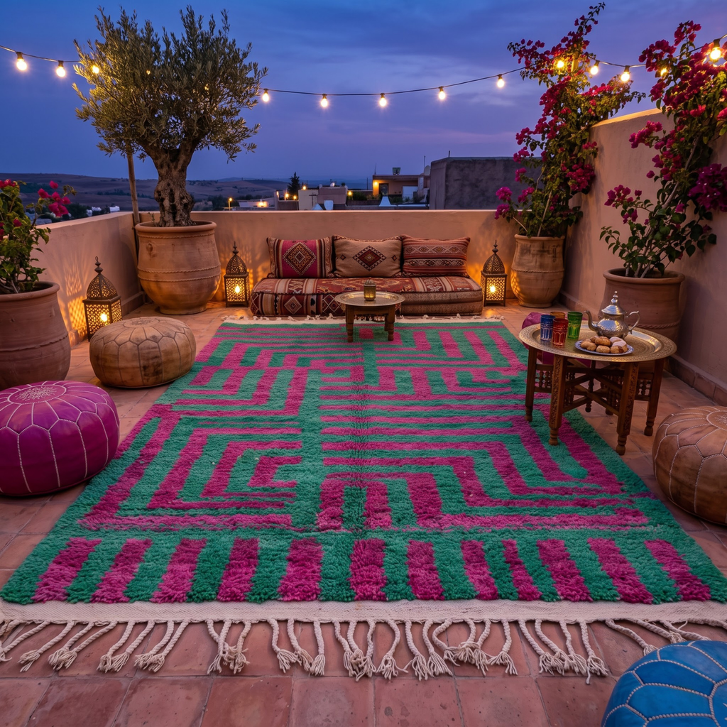 Handmade Moroccan Wool Rug Boujaad / Azilal Style | Emerald Green & Magenta Geometric Maze Atlas Carpet