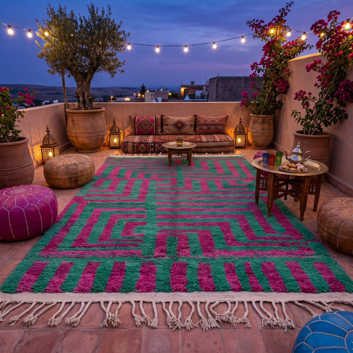 Handmade Moroccan Wool Rug Boujaad / Azilal Style | Emerald Green & Magenta Geometric Maze Atlas Carpet