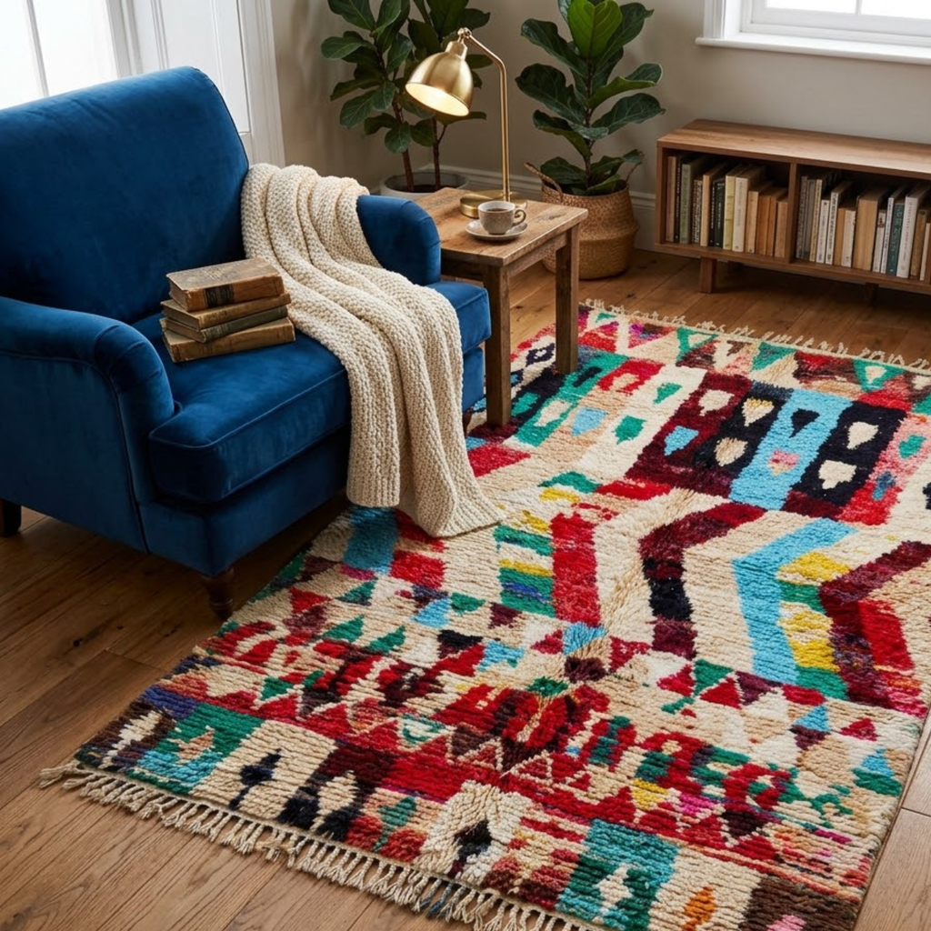 Handmade Moroccan Wool Rug Azilal Style | Vibrant Multicolor Tribal Chevron & Talisman Atlas Carpet