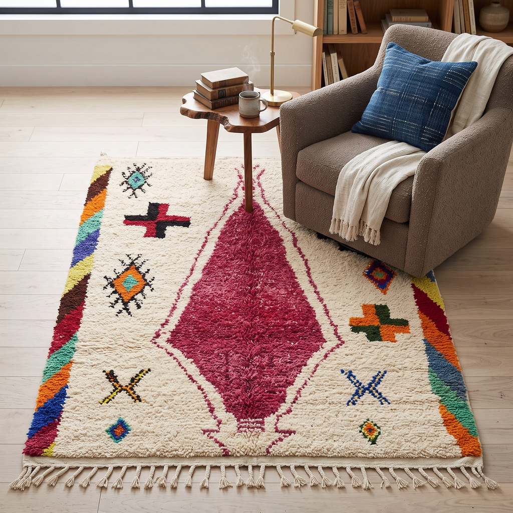 Handmade Moroccan Wool Rug Azilal Style | Magenta Centerpiece & Tribal Cross Symbols on Cream Atlas Carpet