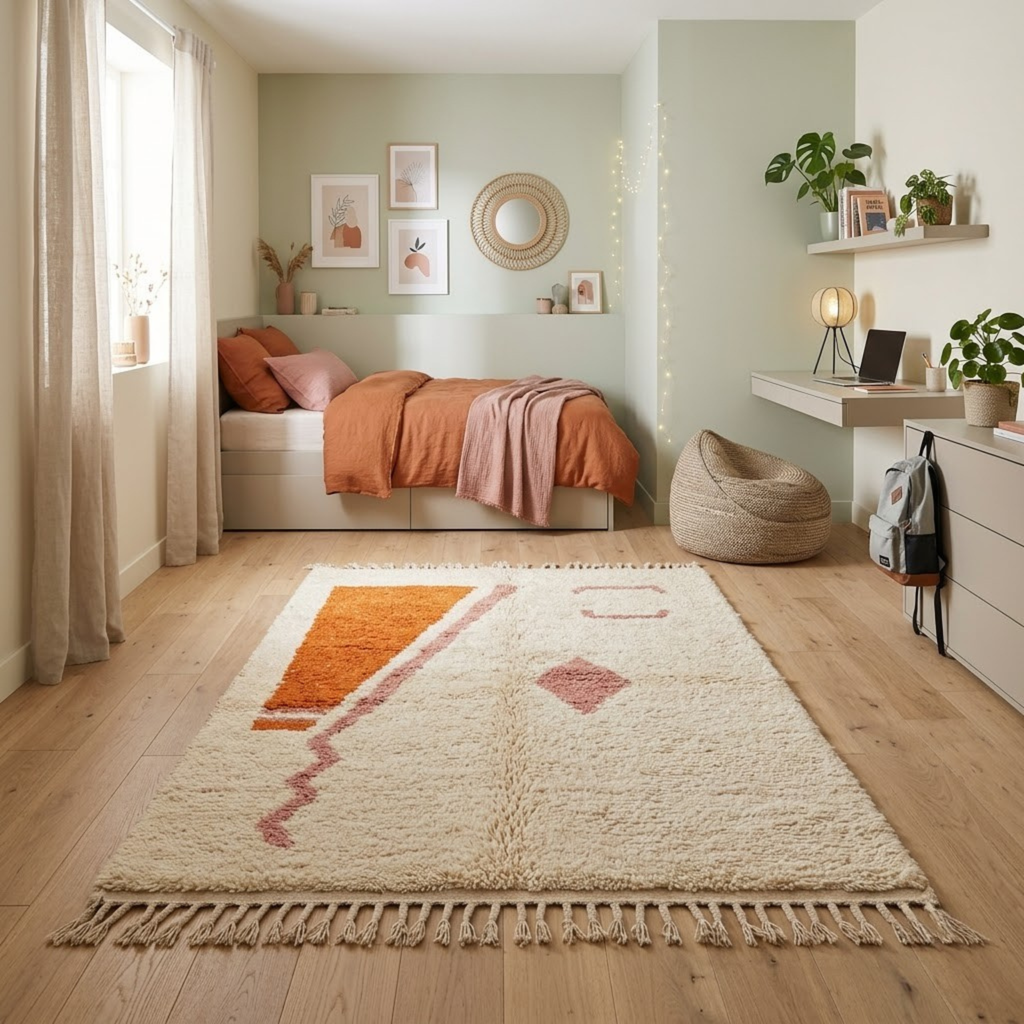 Handmade Moroccan Wool Rug Minimalist Azilal Style | Abstract Geometric Motifs in Terracotta & Dusty Pink Atlas Carpet