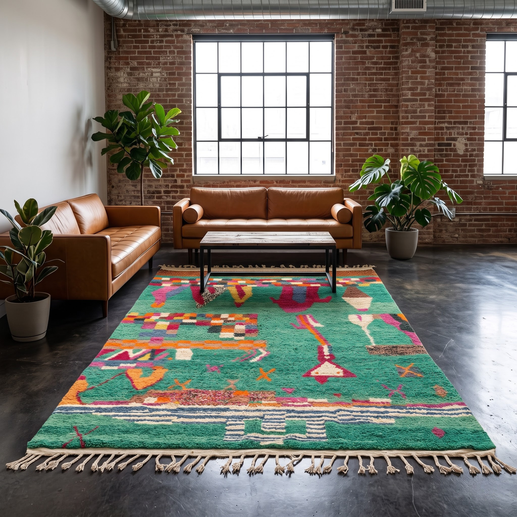 Handmade Moroccan Wool Rug Azilal Style | Emerald Green with Multicolor Tribal Berber Symbols Atlas Carpet