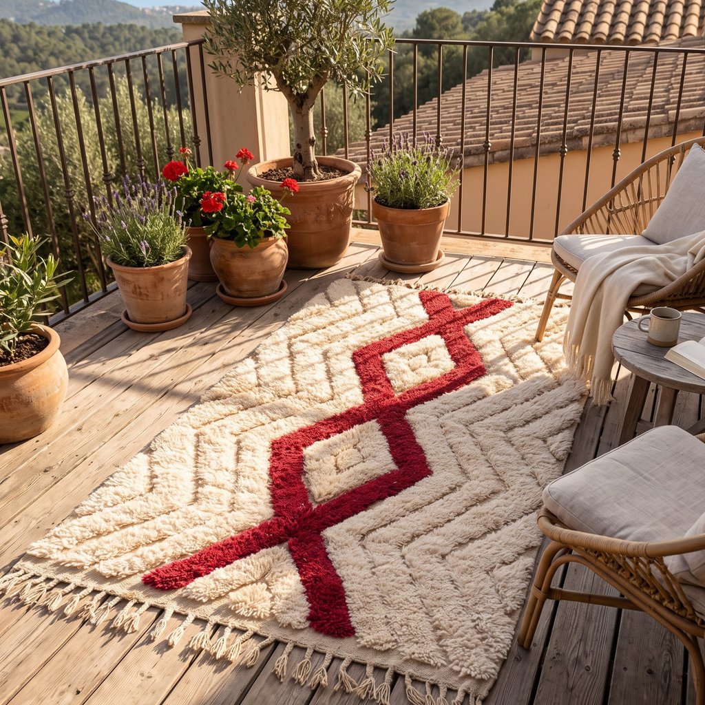 Handmade Moroccan Textured Wool Rug with Ruby Red Diamond | High-Low Atlas Berber Carpet