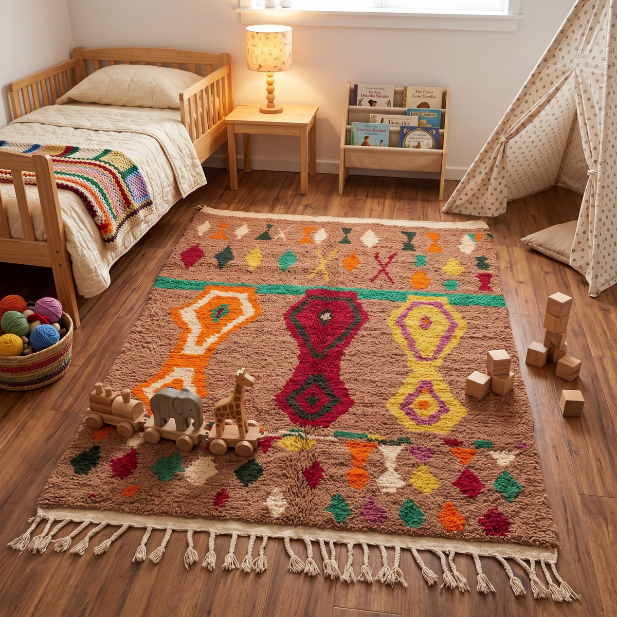 Handmade Moroccan Wool Rug Azilal / Boujaad Style | Mocha Brown Field with Tribal Urn & Talisman Motifs Atlas Carpet