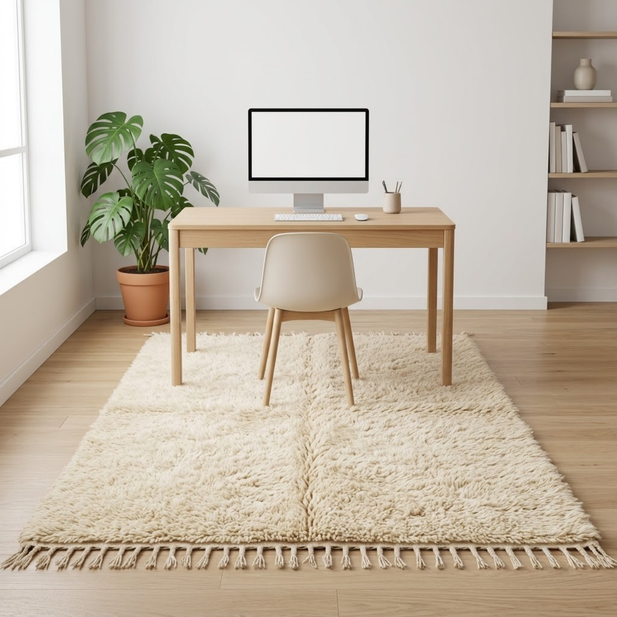 Handmade Moroccan Wool Rug Plain Beni Ourain Style | Solid Natural Sand & Cream High-Pile Atlas Carpet