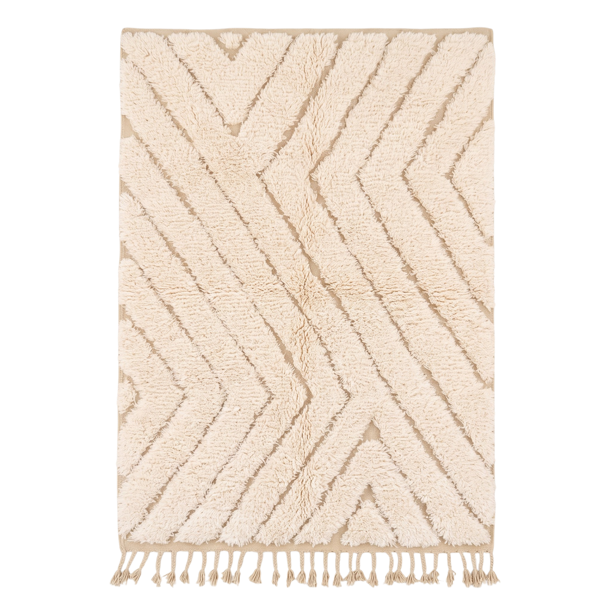 Handmade Moroccan Wool Rug Beni Ourain Style | High-Low 3D Textured Chevron Pattern in Cream & Sand