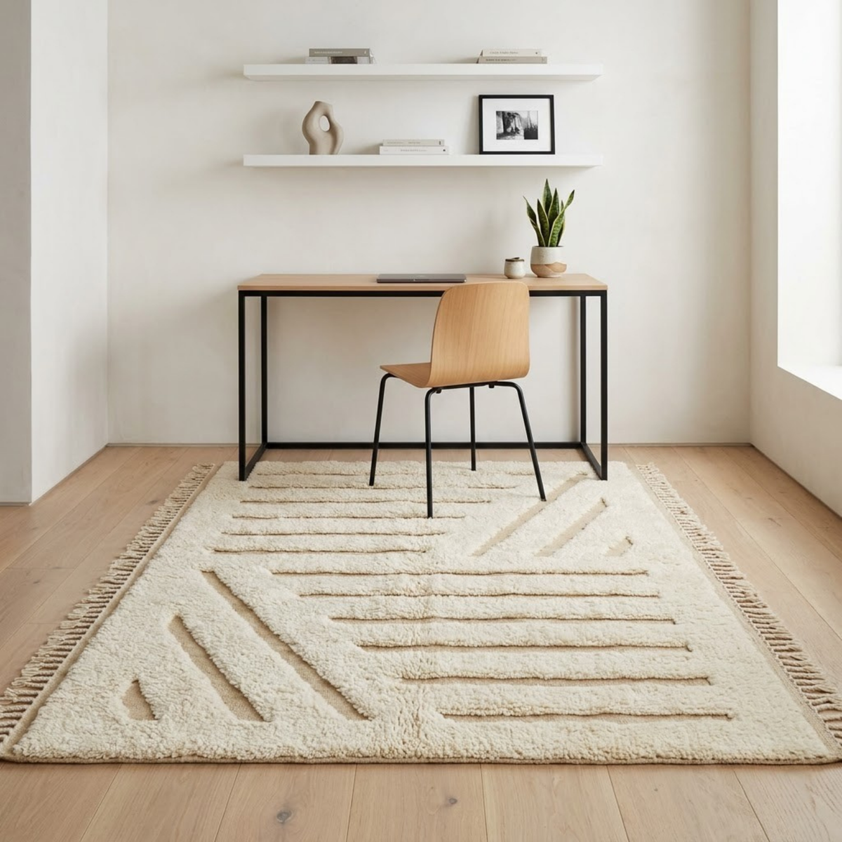 Handmade Moroccan Wool Rug Beni Ourain Style | High-Low 3D Geometric Linear Pattern in Cream & Sand