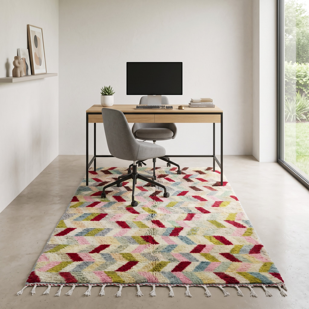 Handmade Moroccan Wool Rug Azilal / Boujaad Style | Multicolor Herringbone Chevron Pattern Atlas Carpet