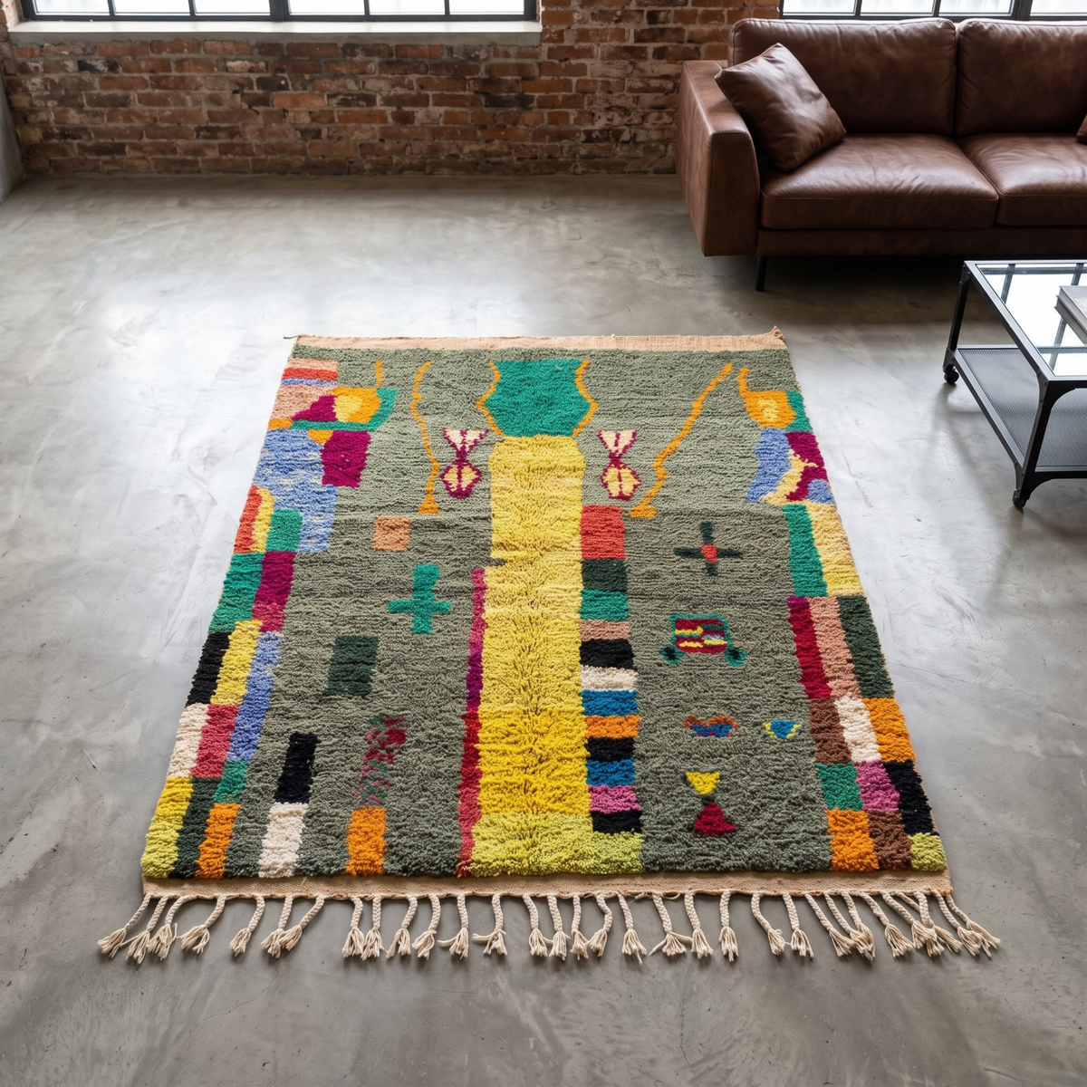 Handmade Moroccan Wool Rug Azilal Style | Sage Olive Green with Tree of Life & Berber Motifs Atlas Carpet