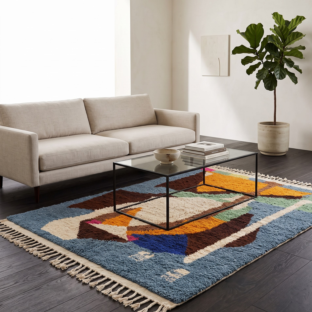 Handmade Moroccan Wool Rug Azilal Style | Abstract Cubist Art Composition in Denim Blue, Ochre & Sage Atlas Carpet