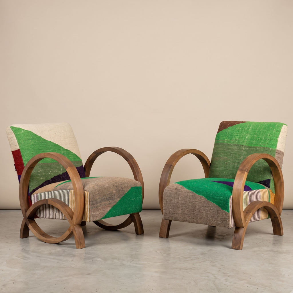 Handmade Moroccan Solid Walnut Bentwood Armchair – Emerald Green Kilim Fabric