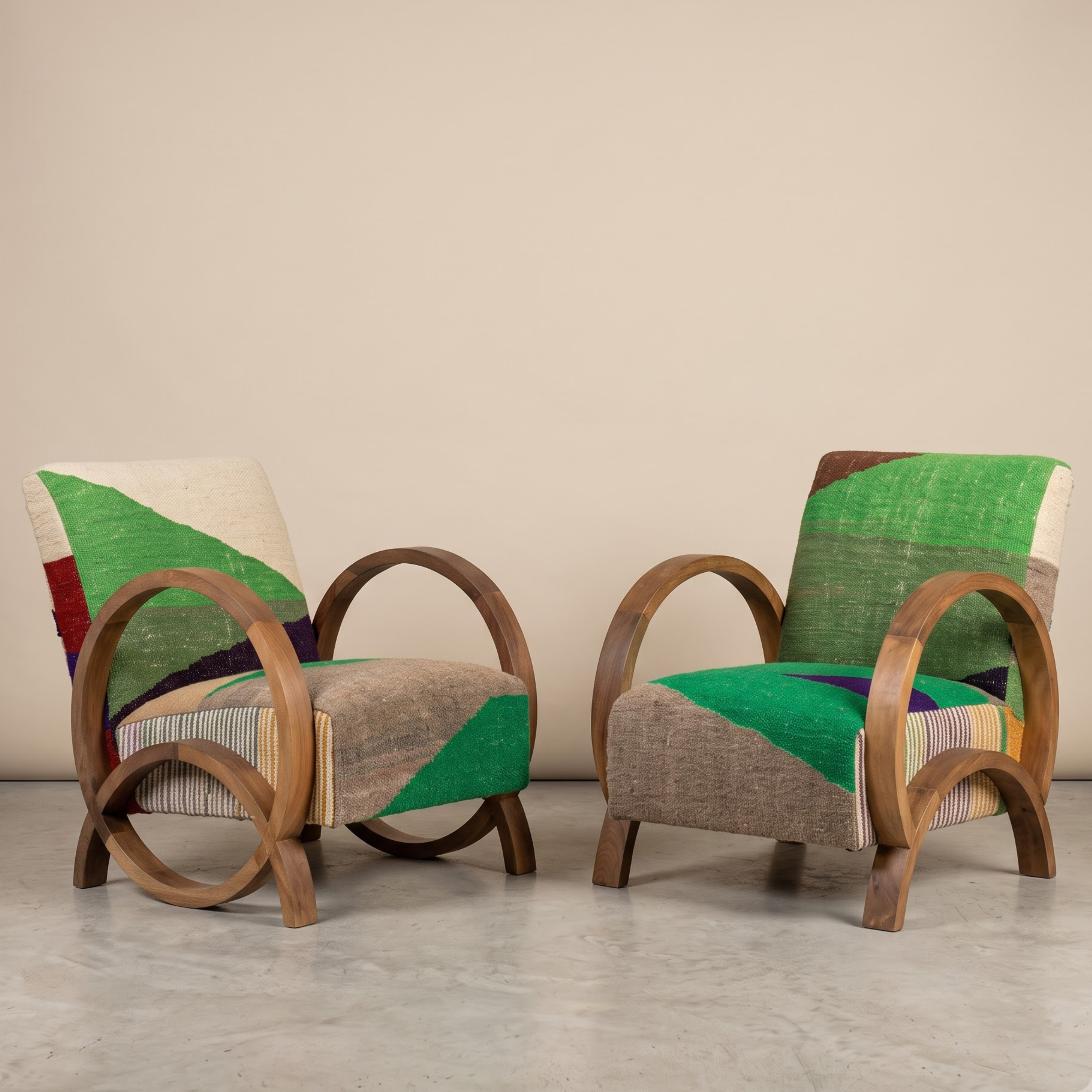 Handmade Moroccan Solid Walnut Bentwood Armchair – Emerald Green Kilim Fabric