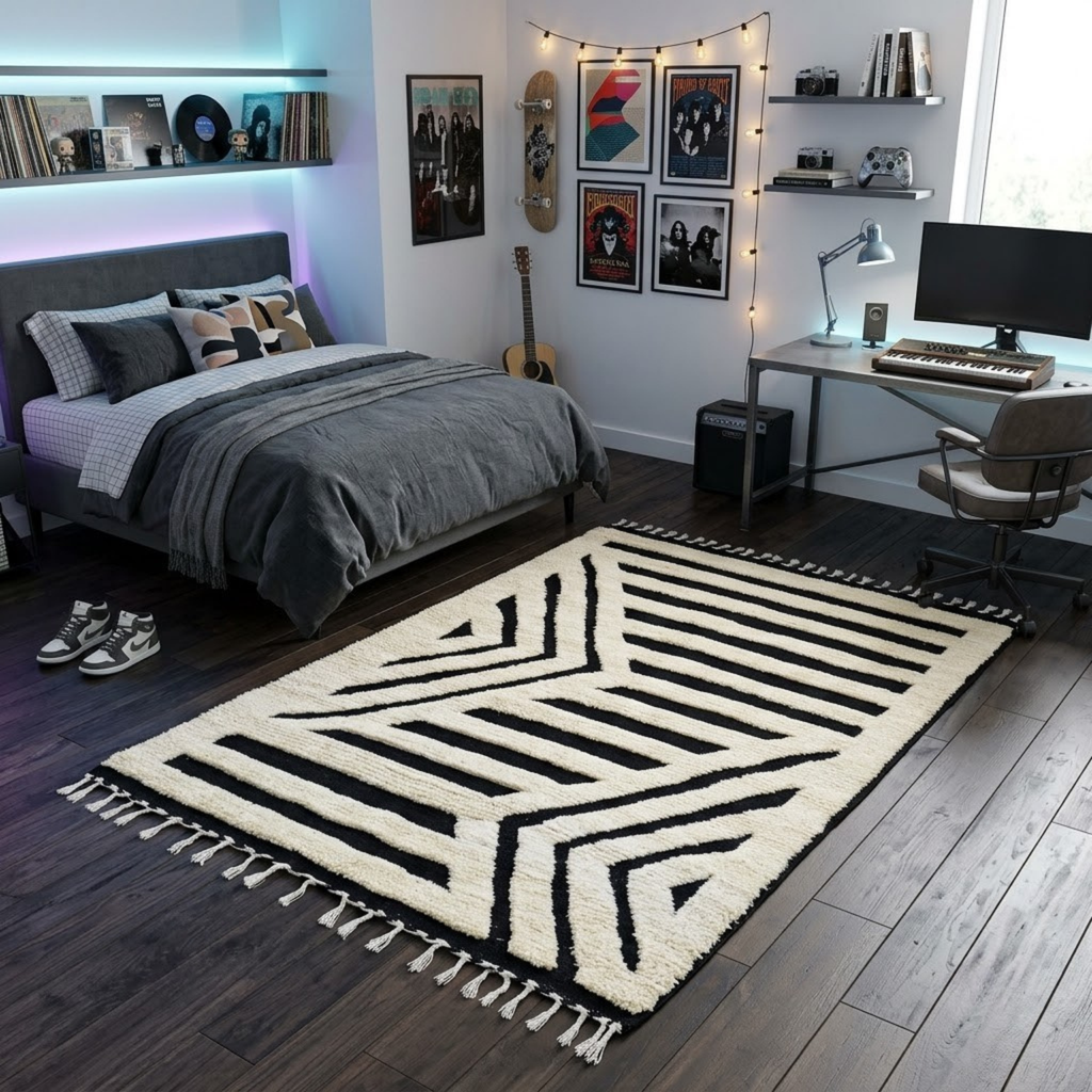Handmade Moroccan Wool Rug Contemporary Beni Ourain Style | Black & White Striped Chevron Geometric Atlas Carpet