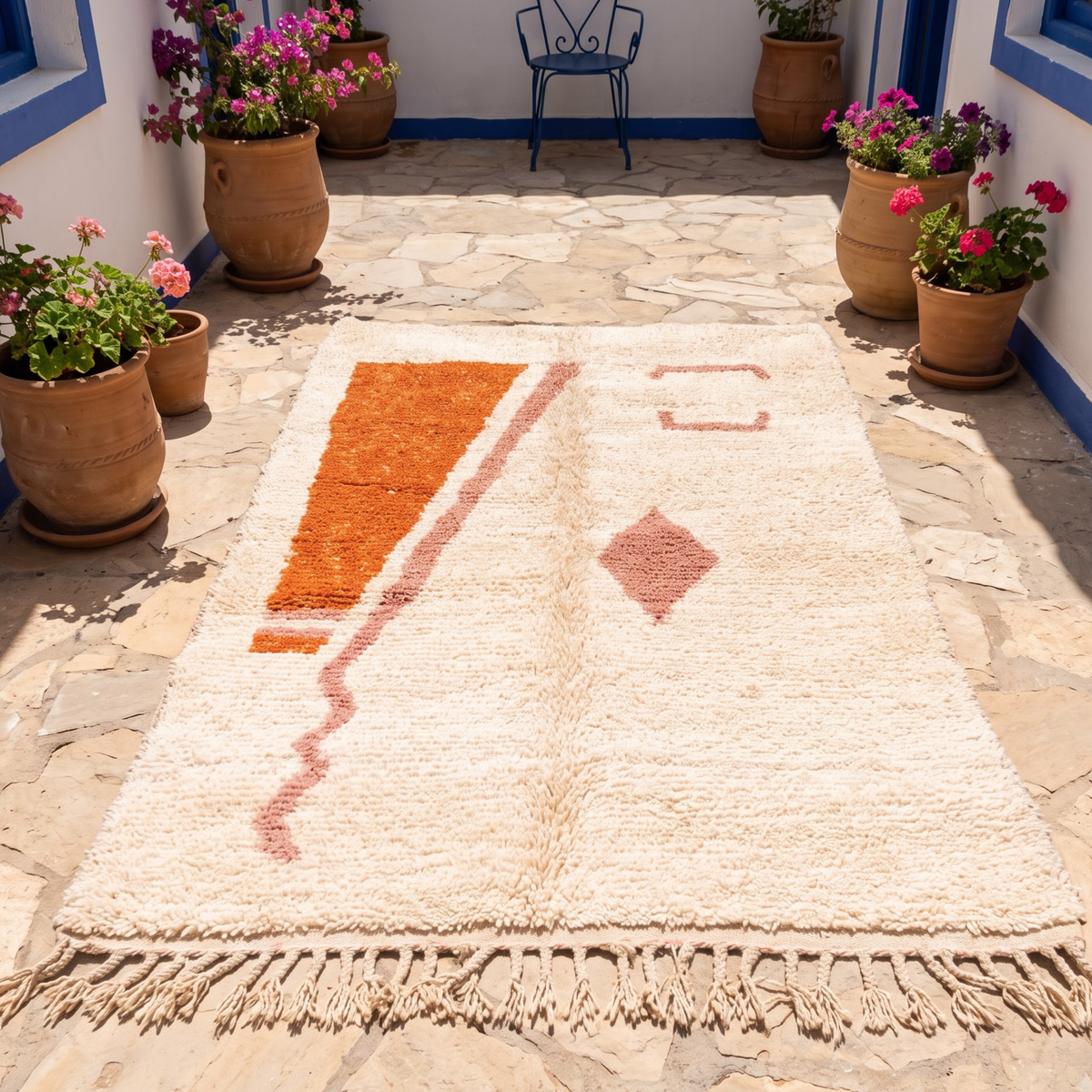 Handmade Moroccan Wool Rug Minimalist Azilal Style | Abstract Geometric Motifs in Terracotta & Dusty Pink Atlas Carpet