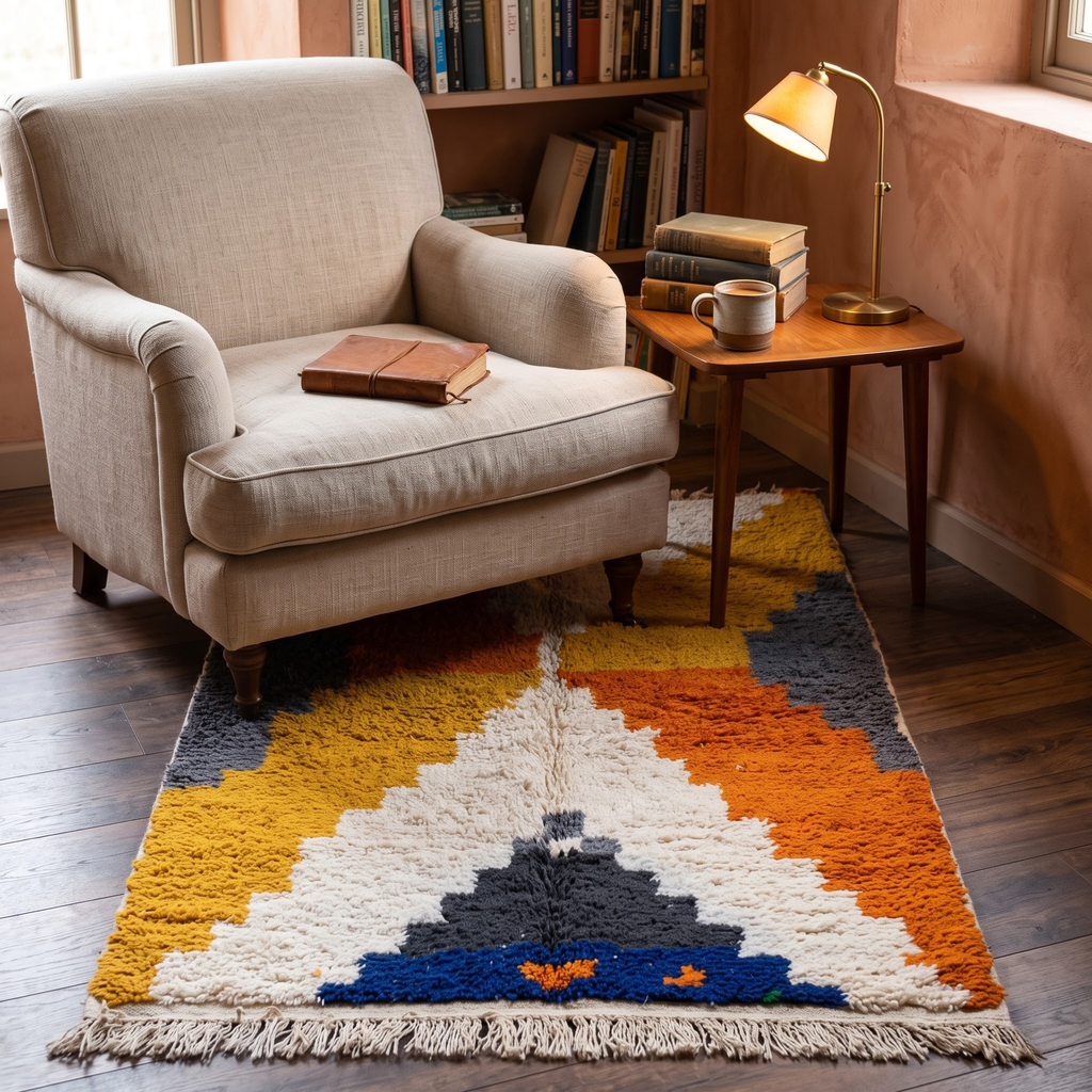 Handmade Moroccan Wool Rug Azilal Style | Stepped Geometric Diamond in Terracotta, Mustard & Slate Grey Atlas Carpet