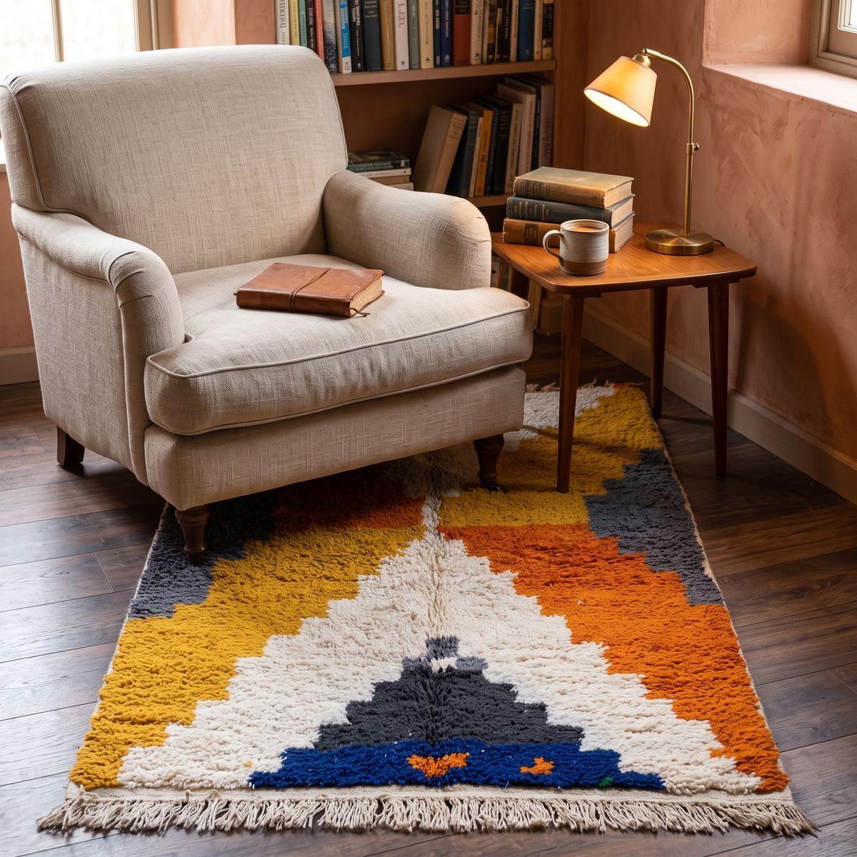 Handmade Moroccan Wool Rug Azilal Style | Stepped Geometric Diamond in Terracotta, Mustard & Slate Grey Atlas Carpet