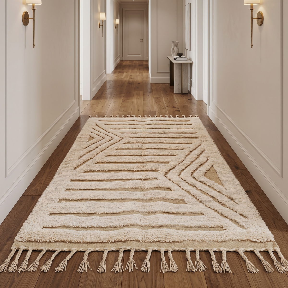 Handmade Moroccan Wool Textured Rug | High-Low Geometric Cream & Sand Atlas Berber Carpet