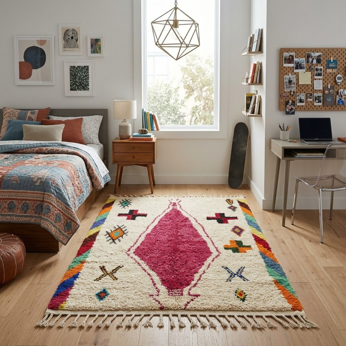 Handmade Moroccan Wool Rug Azilal Style | Magenta Centerpiece & Tribal Cross Symbols on Cream Atlas Carpet