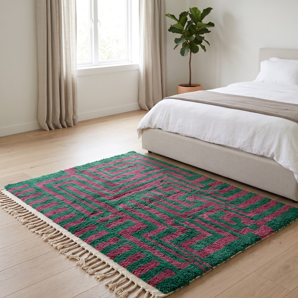 Handmade Moroccan Wool Rug Boujaad / Azilal Style | Emerald Green & Magenta Geometric Maze Atlas Carpet