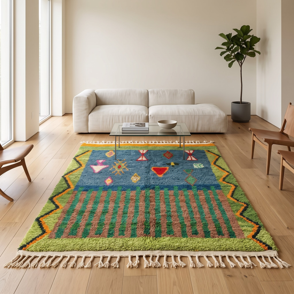 Handmade Moroccan Wool Rug Azilal Style | Starry Atlas Night Sky with Tribal Symbols in Indigo & Green