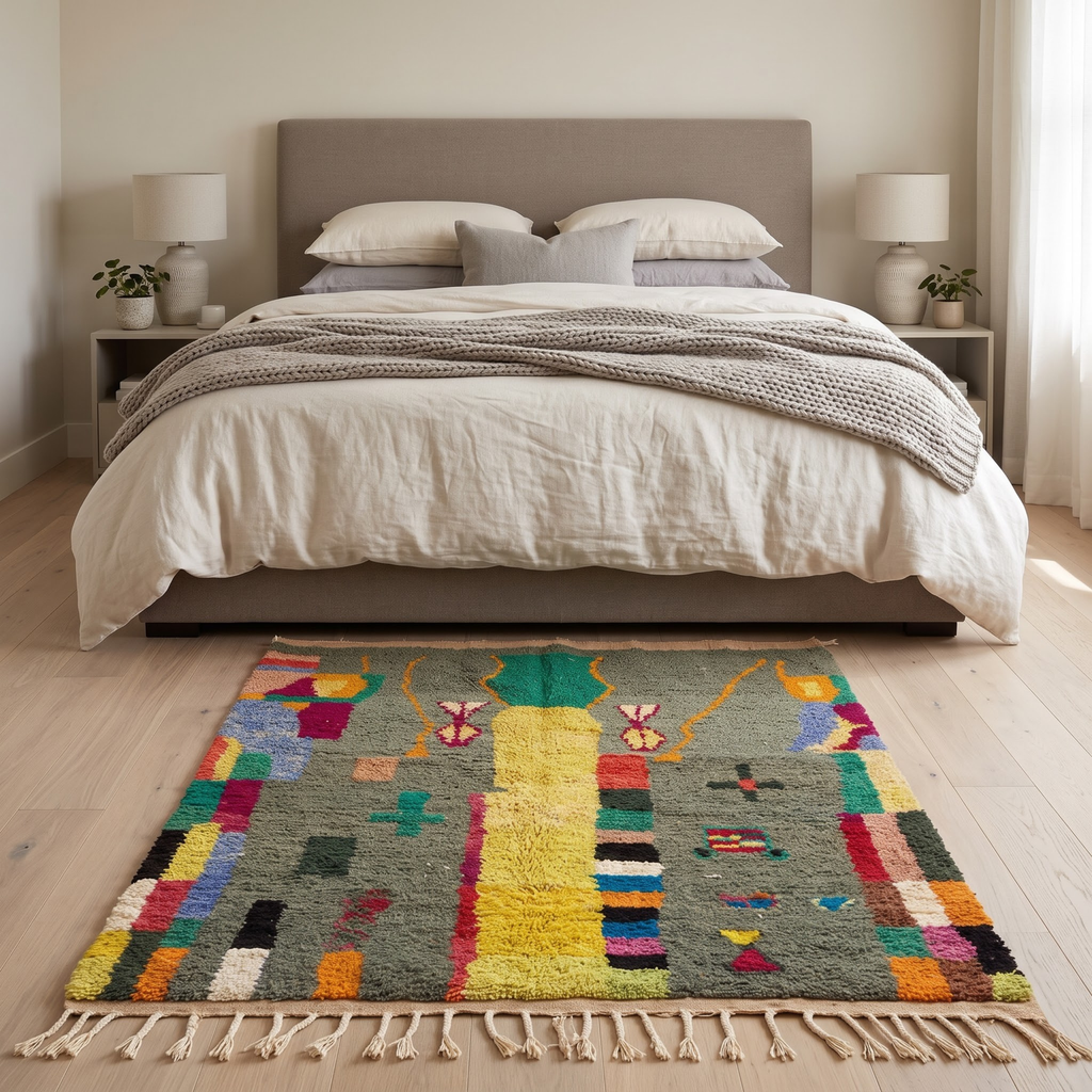 Handmade Moroccan Wool Rug Azilal Style | Sage Olive Green with Tree of Life & Berber Motifs Atlas Carpet