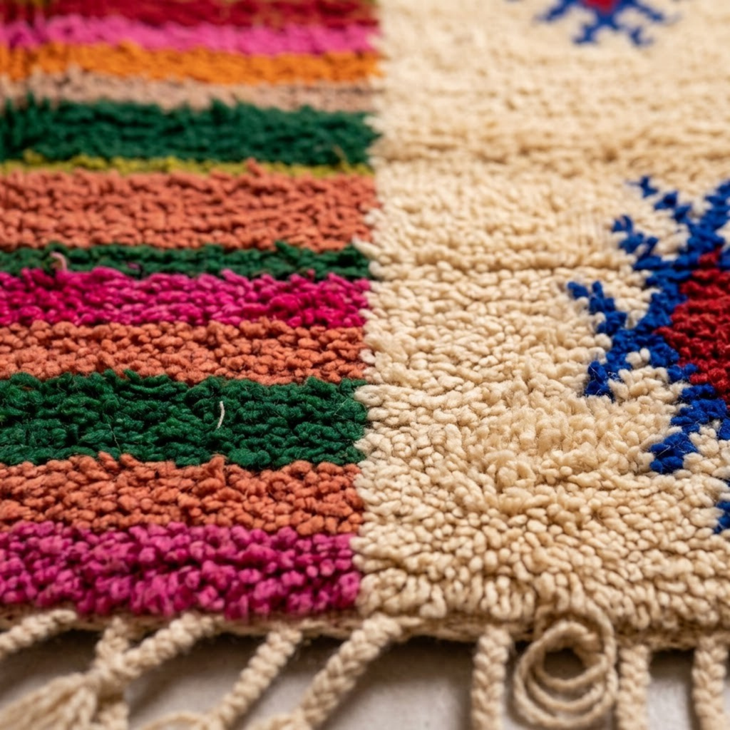 Handmade Moroccan Wool Rug Azilal Style | Multicolor Striped Center & Protective Talismans on Sand Atlas Carpet