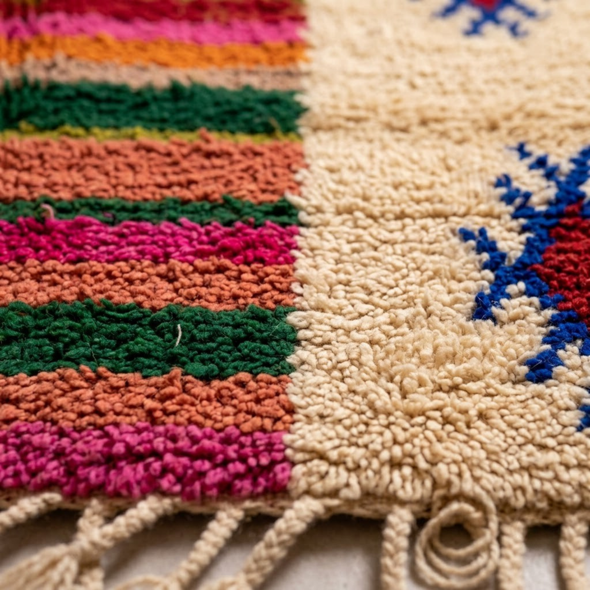 Handmade Moroccan Wool Rug Azilal Style | Multicolor Striped Center & Protective Talismans on Sand Atlas Carpet