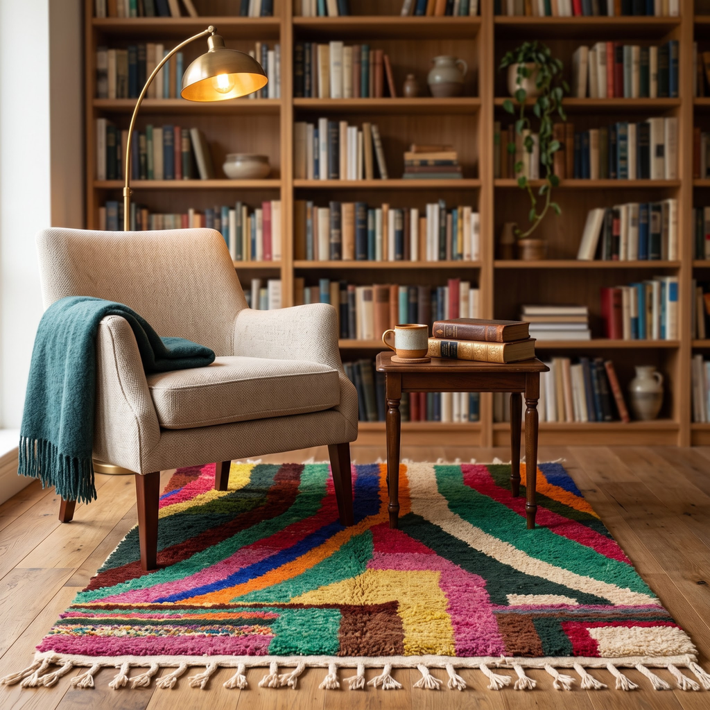 Handmade Moroccan Wool Rug Azilal Style | Vibrant Multicolor Striped & Color Block Atlas Carpet