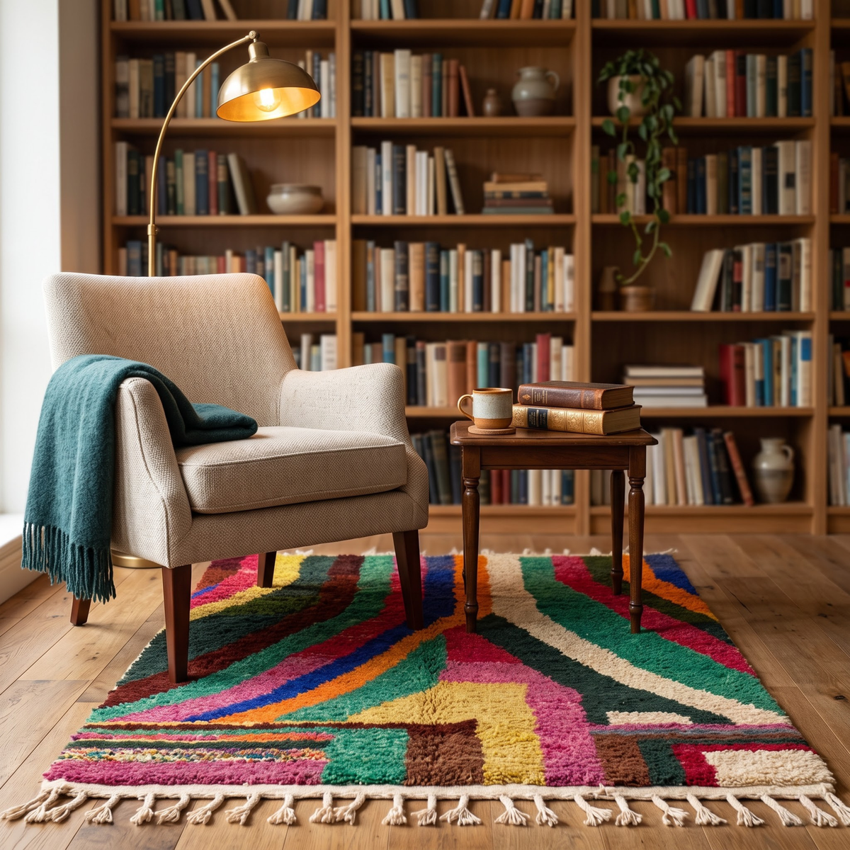 Handmade Moroccan Wool Rug Azilal Style | Vibrant Multicolor Striped & Color Block Atlas Carpet