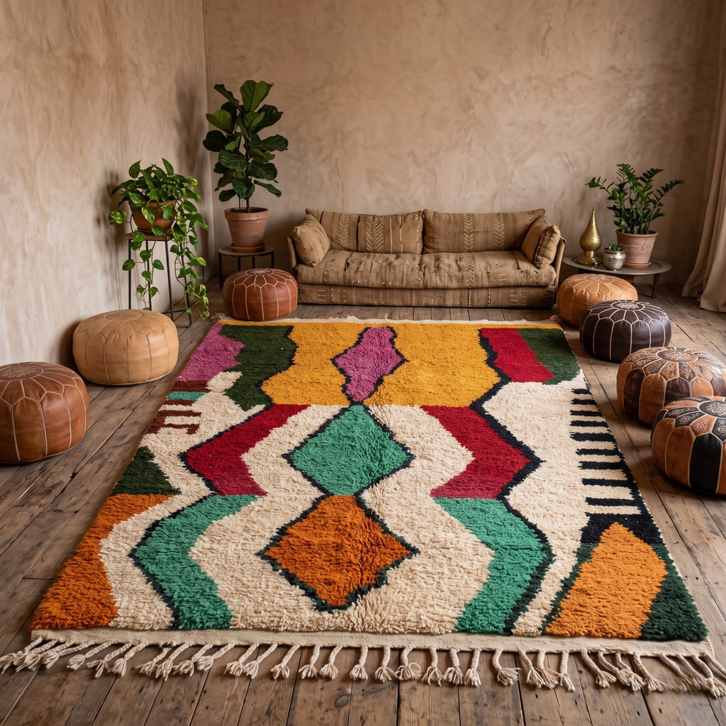 Handmade Moroccan Wool Rug Vibrant Abstract Ethnic Motif | Colorful Atlas Berber Carpet