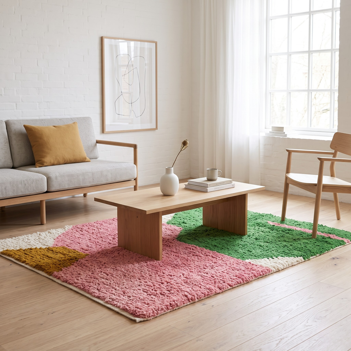 Handmade Moroccan Wool Rug Azilal Style | Abstract Organic Color Block in Blush Pink, Green & Mustard Atlas Carpet