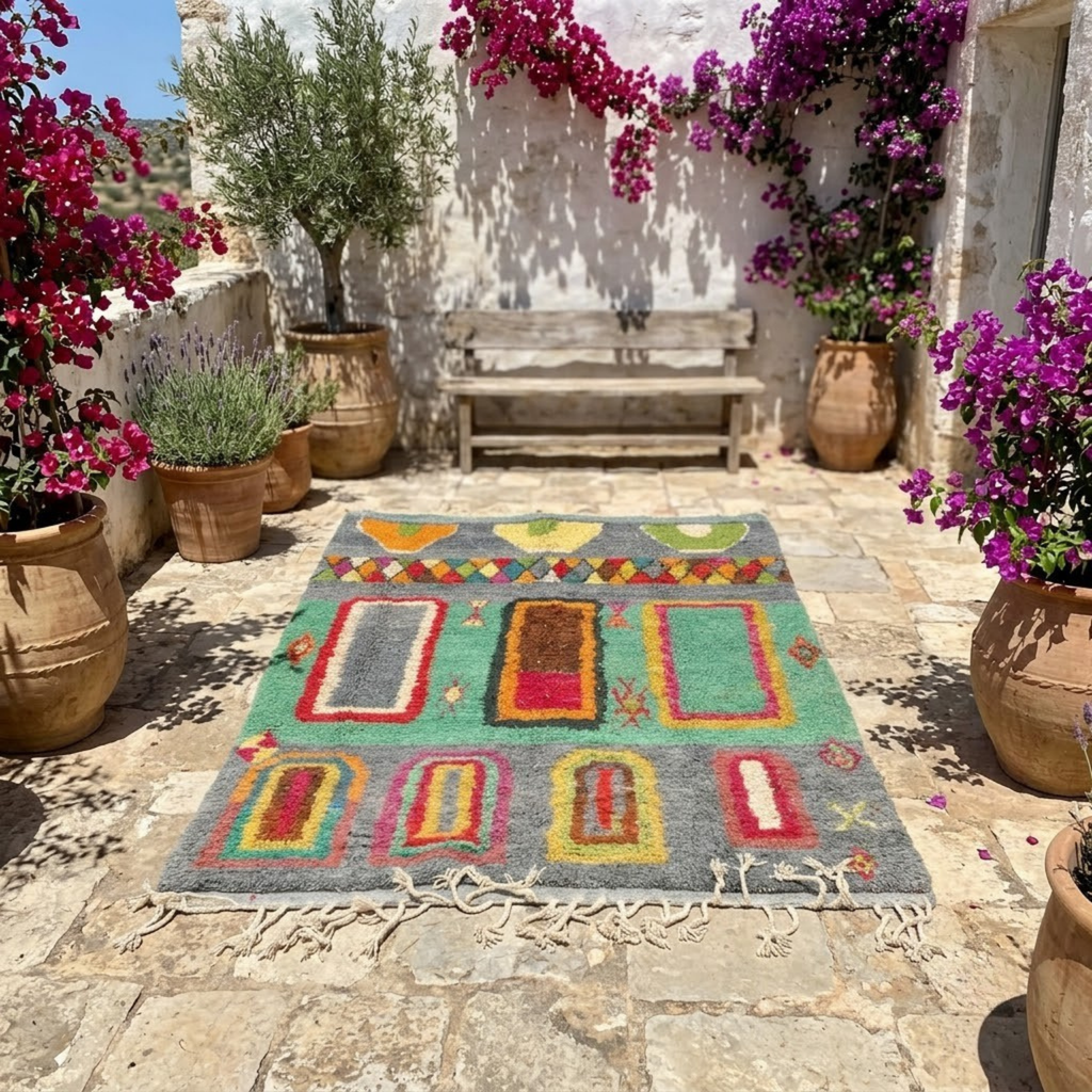 Handmade Moroccan Wool Rug Azilal Style | Architectural Portals & Arches in Slate Grey & Mint Green Atlas Carpet