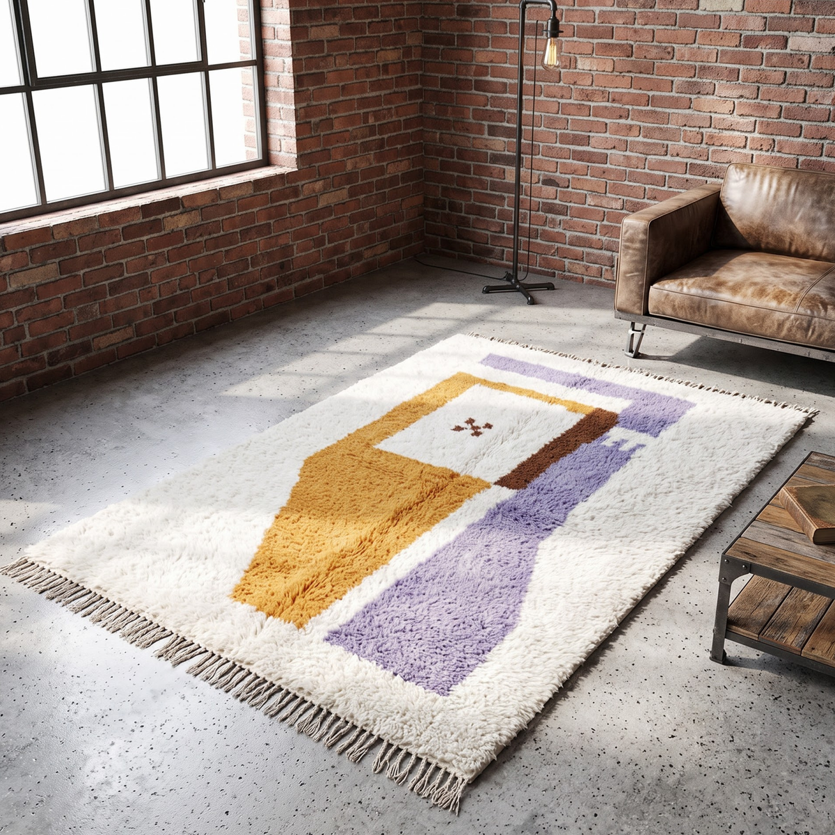 Handmade Moroccan Wool Rug Azilal Style | Abstract Minimalist Color Block in Lavender, Ochre & Cream Atlas Carpet