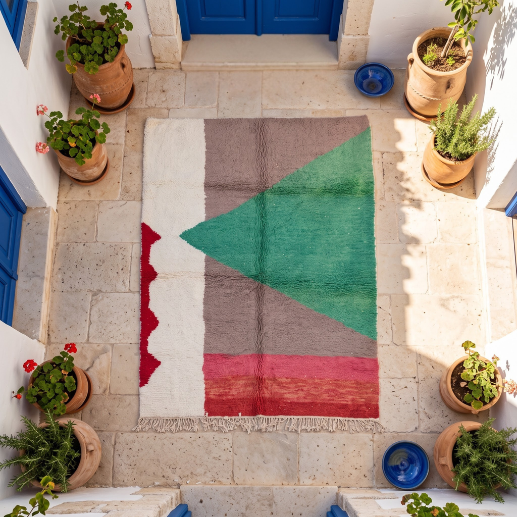 Handmade Moroccan Wool Rug Boujaad / Azilal Style | Abstract Color Block in Forest Green, Taupe & Terracotta Atlas Carpet