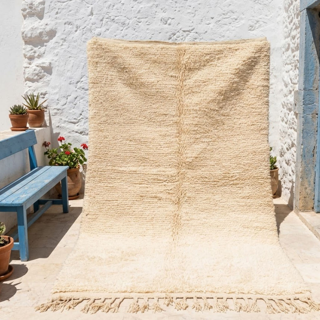 Handmade Moroccan Wool Rug Plain Beni Ourain Style | Solid Natural Sand & Cream High-Pile Atlas Carpet