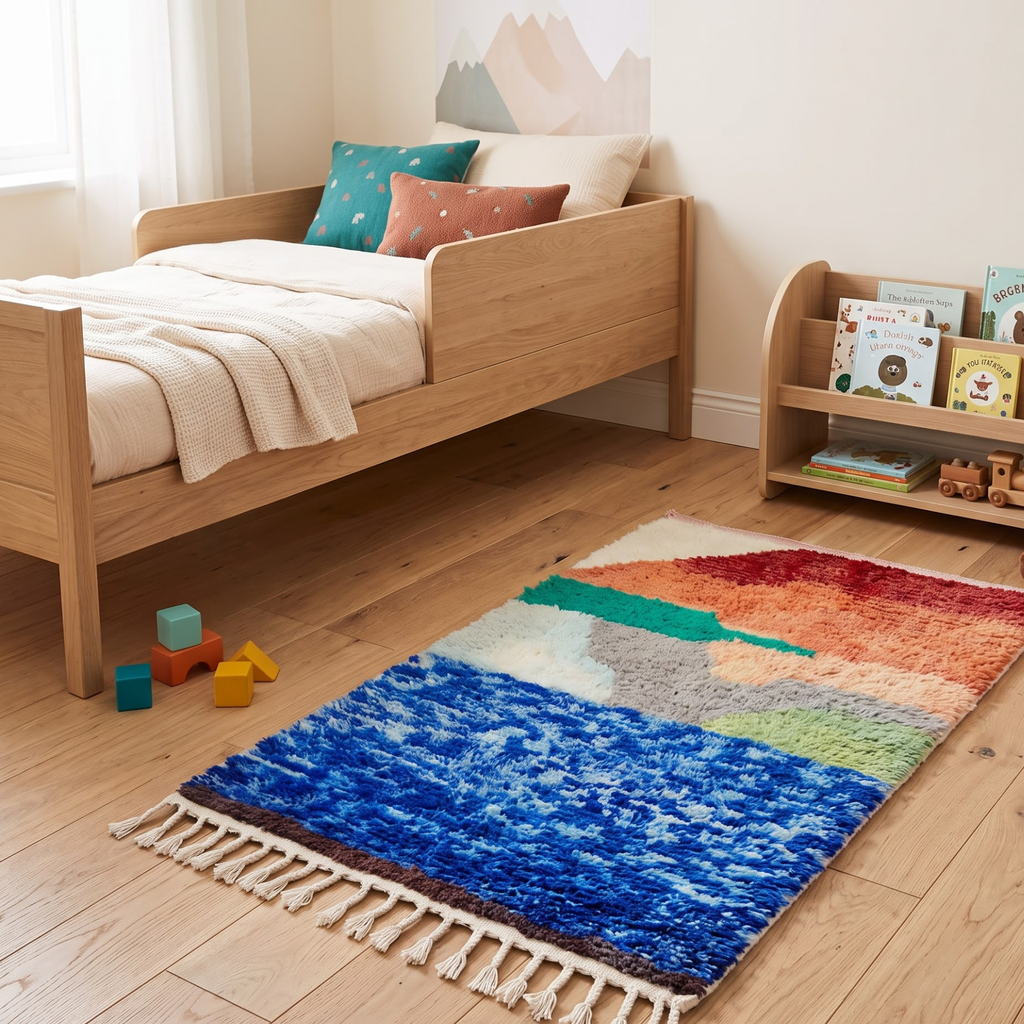 Handmade Moroccan Wool Rug Abstract Sunset Landscape | Artisanal Atlas Berber Shag Carpet