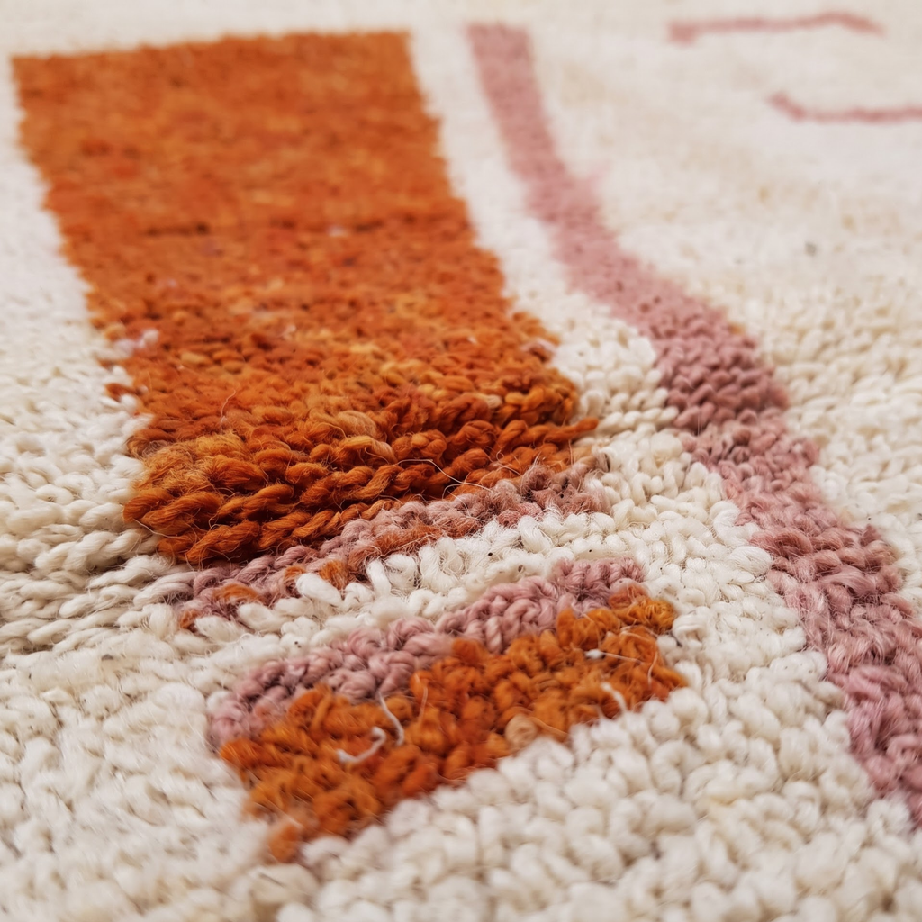 Handmade Moroccan Wool Rug Minimalist Azilal Style | Abstract Geometric Motifs in Terracotta & Dusty Pink Atlas Carpet