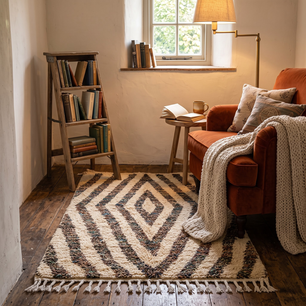 Handmade Moroccan Wool Rug Concentric Heathered Diamond Pattern | Natural Earth Tone Atlas Berber Carpet