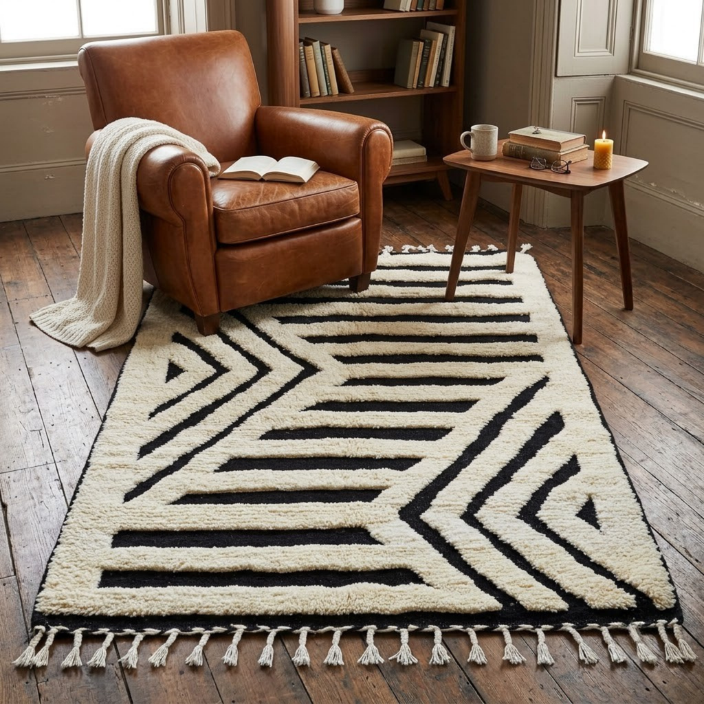 Handmade Moroccan Wool Rug Contemporary Beni Ourain Style | Black & White Striped Chevron Geometric Atlas Carpet