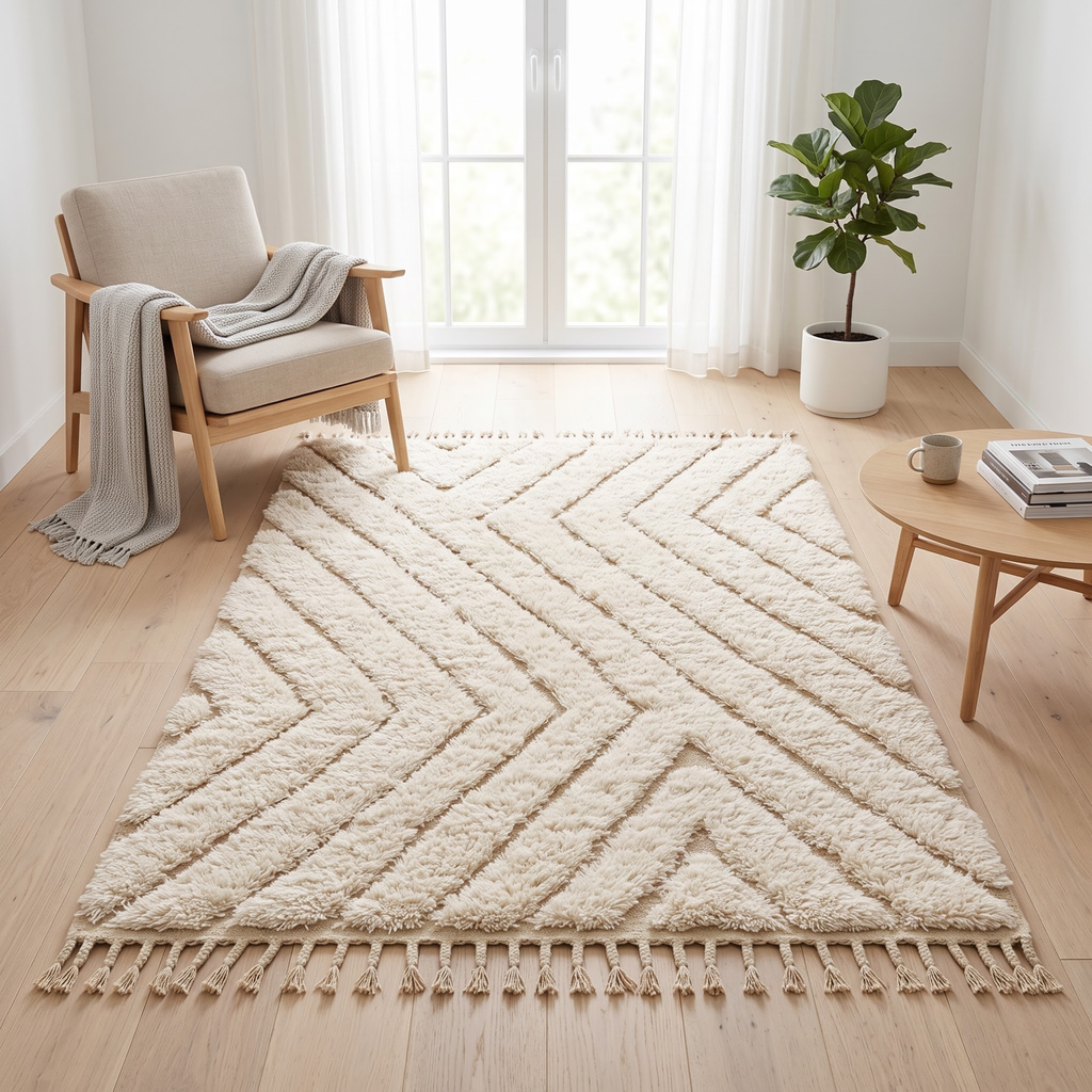 Handmade Moroccan Wool Rug Beni Ourain Style | High-Low 3D Textured Chevron Pattern in Cream & Sand